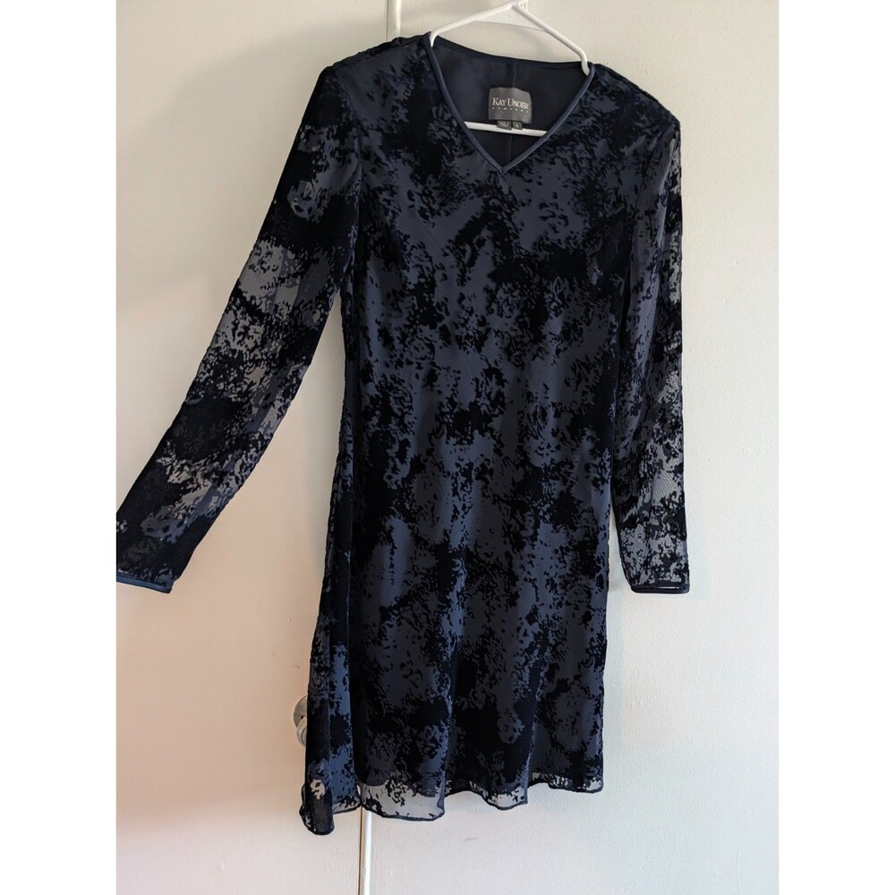 Kay Unger New York Burnout Velvet Shift Dress Women Size 4 Long Sleeve Black Nav